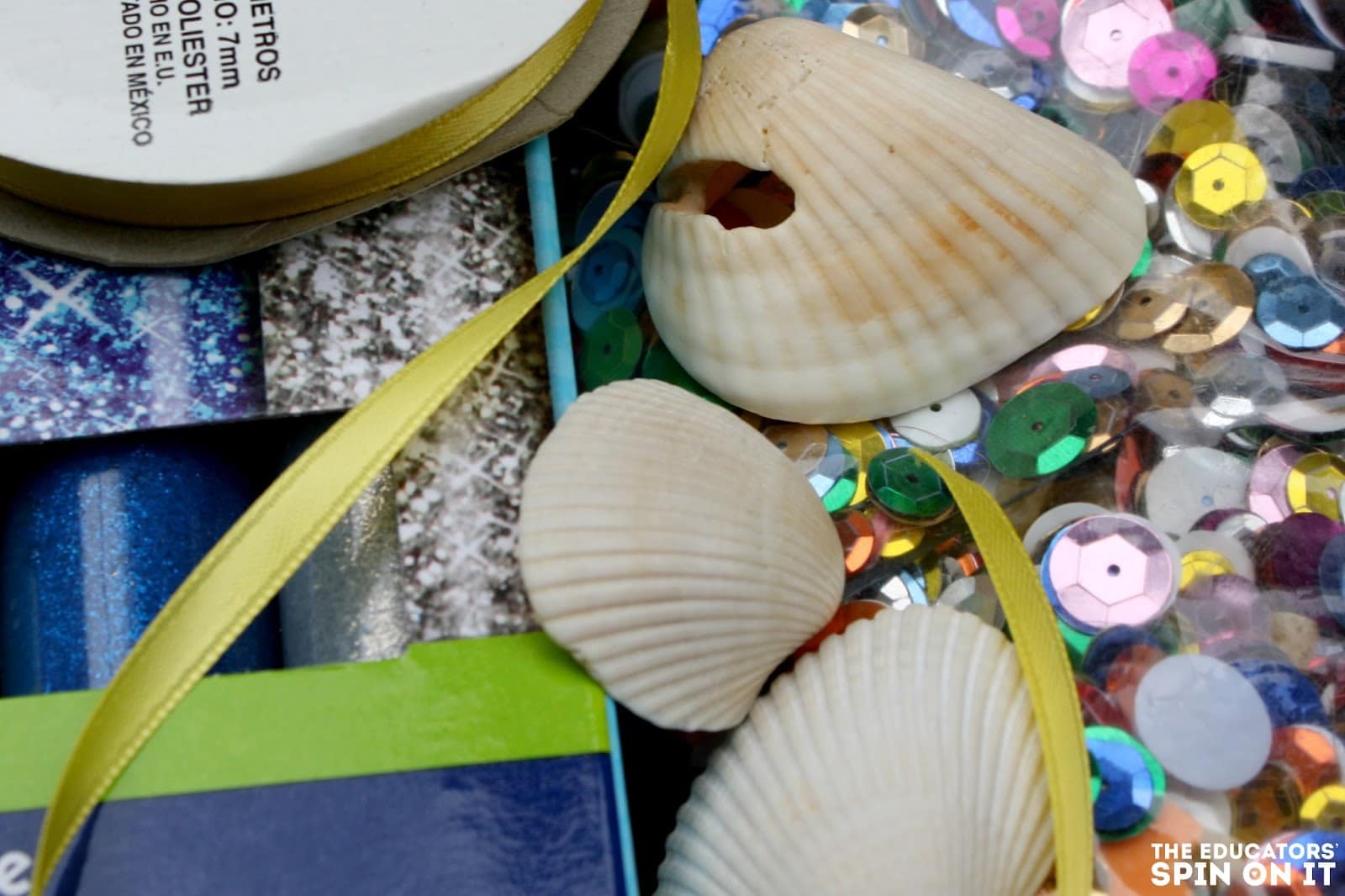 Supplies for a DIY Mermaid Shell Necklace. Great kid-made gift.