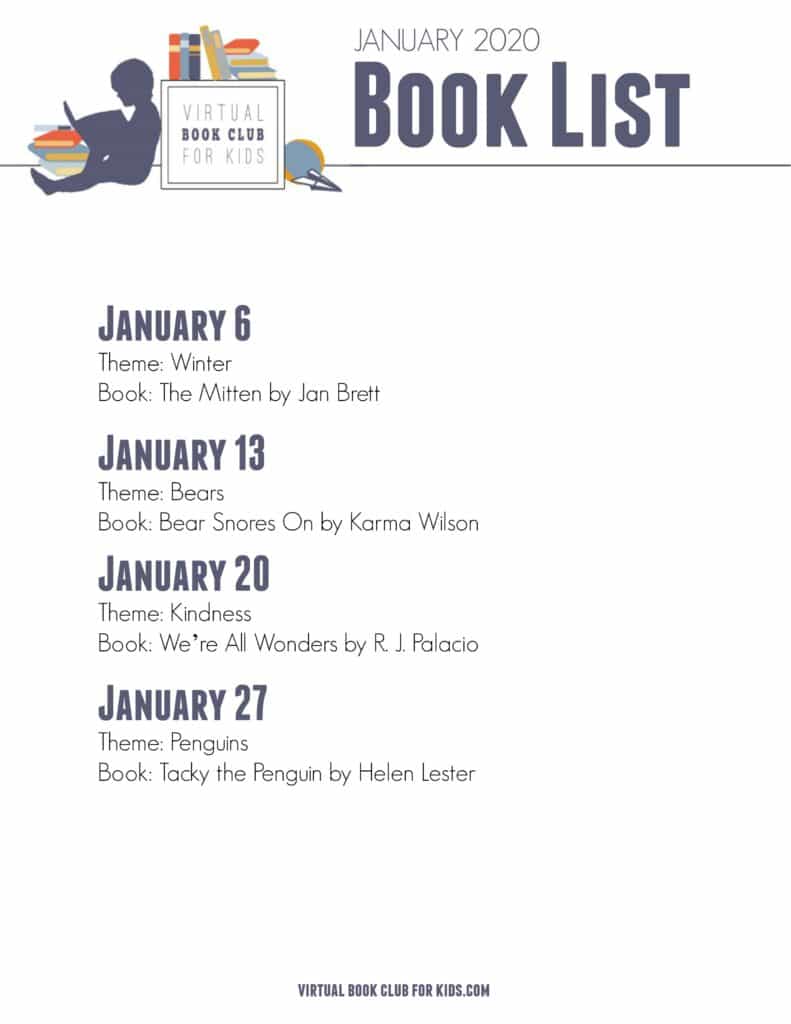 List of books featured for January with the Virtual Book Club for Kids