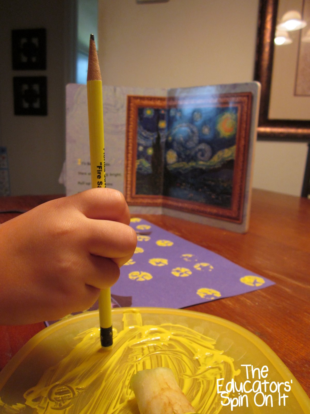 making stars with pencil eraser for Starry Night by Van Gogh
