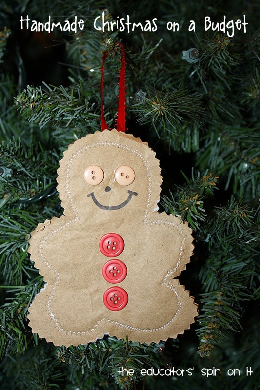 Gingerbread Man Ornament using recycled paper bag and buttons