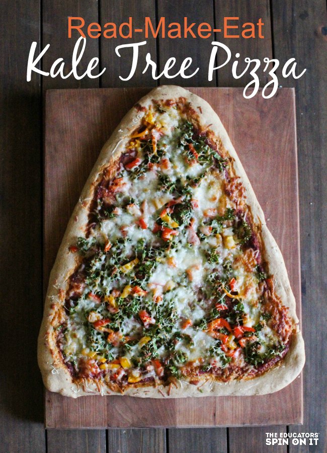 Kale Pizza Christmas Tree Recipe: Read a Christmas Tree Book with your kids, then head to the kitchen to make this healthy dinner together! Kids that cook with books. 