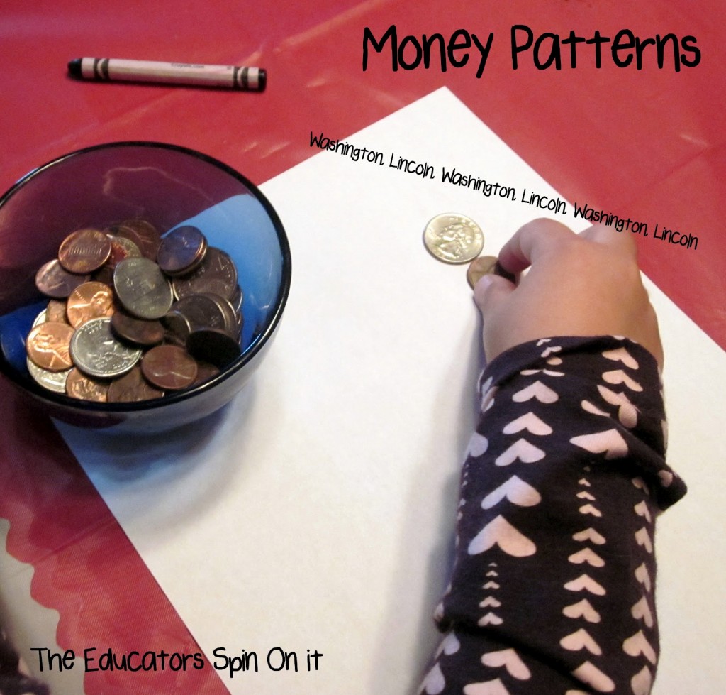 Making patterns with coins for presidents day with kids 