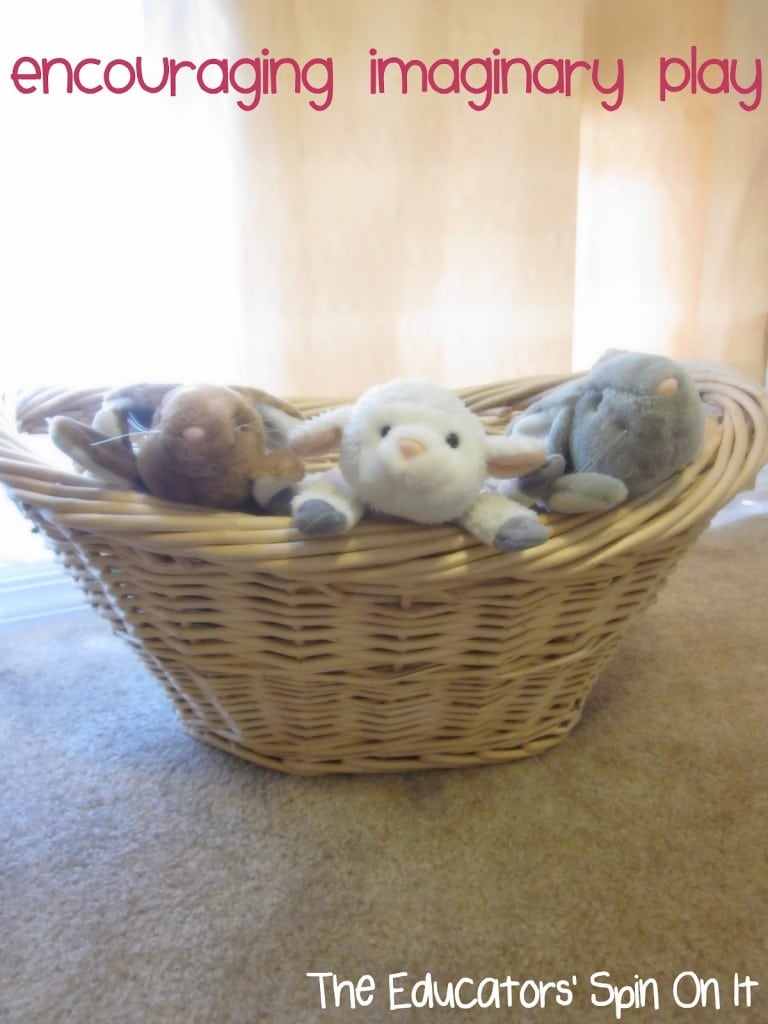 Spring theme stuff puppets in basket to encourage imaginary play with baby and toddlers easter basket 