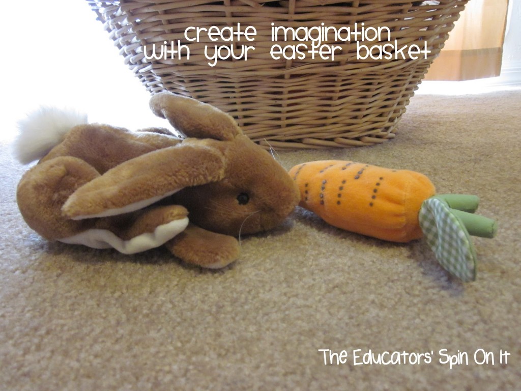 bunny puppet eating pretend carrot, encouraging pretend play with easter basket for toddlers