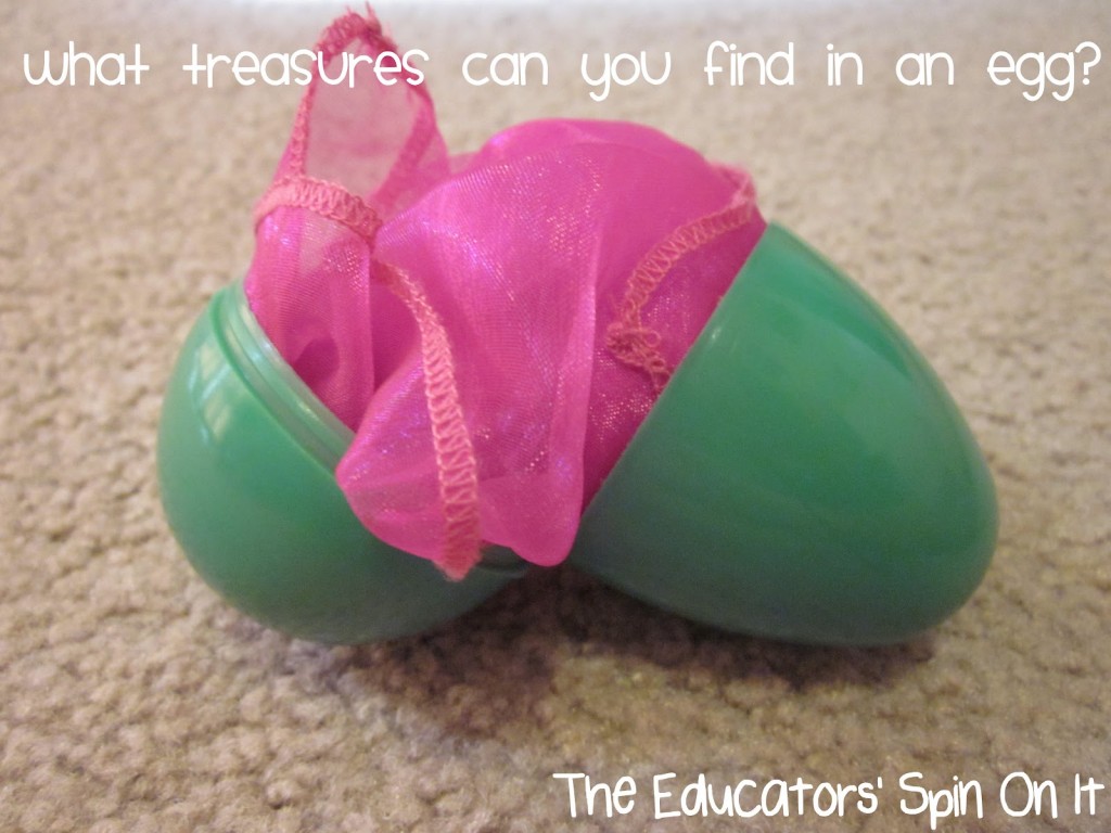 Plaster Easter Egg with Scarf inside for baby's first Easter sensory play. 
