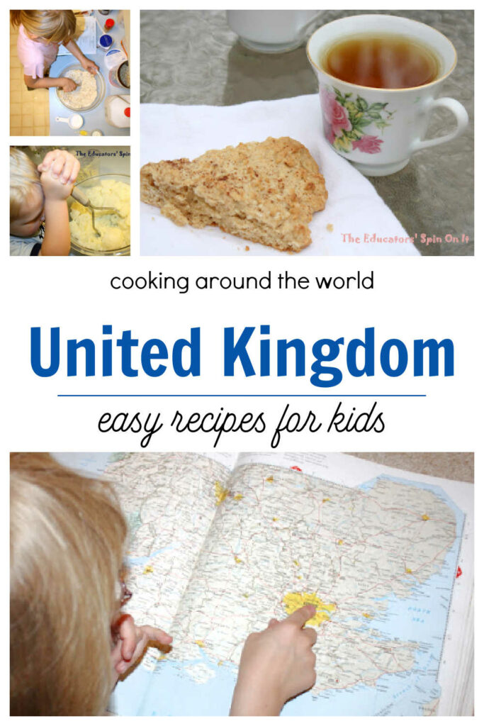 United Kingdom Recipes for Kids featuring scones and bangers and mash. Easy recipes for the kids to make as the cook around the world