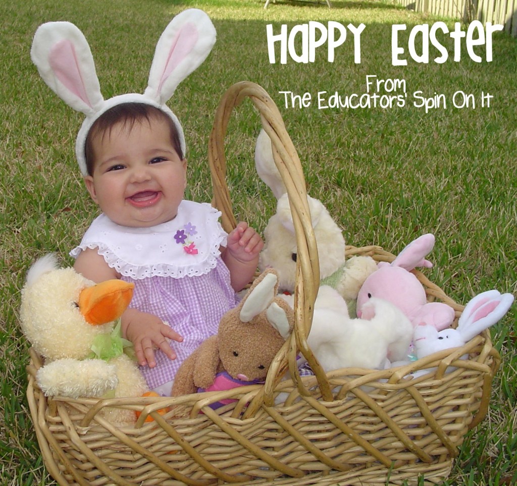 Baby in Easter Basket with Stuff Bunnies and Chicks