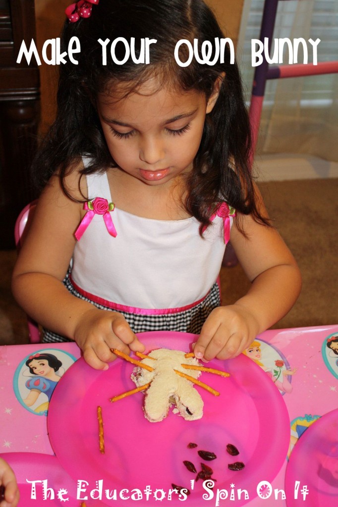 child making bunny sandwich for Easter with pretzel whiskers  