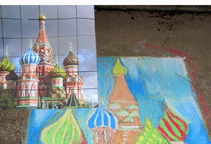 Chalk Art of Buildings in Russia using Math and Art with kids