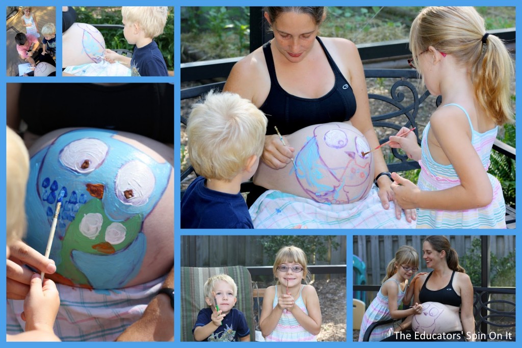 Pregnancy Belly Painting with Siblings Owl Themed