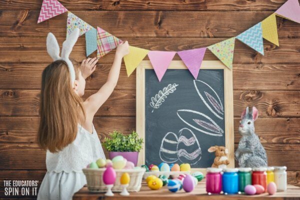 Easter Activities for Grade School Kids with easter bunting and painted eggs.