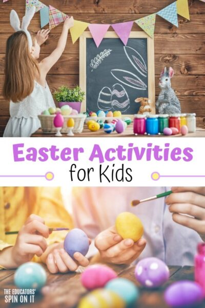 Child decorating for Easter with Bunting and Colorful Eggs.