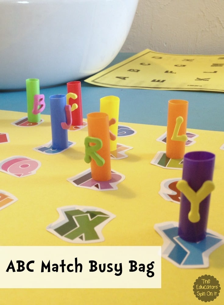 ABC Match Busy Bag Activity with Straws and Alphabet Stickers 