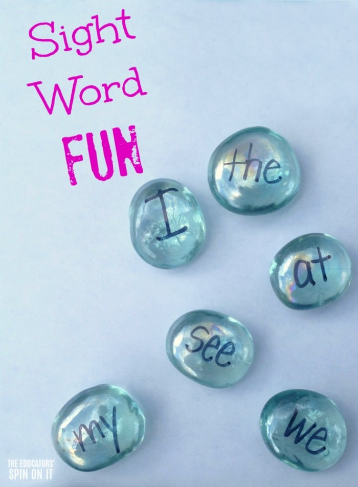 Glass gems with sight words for reading game for beginning readers.