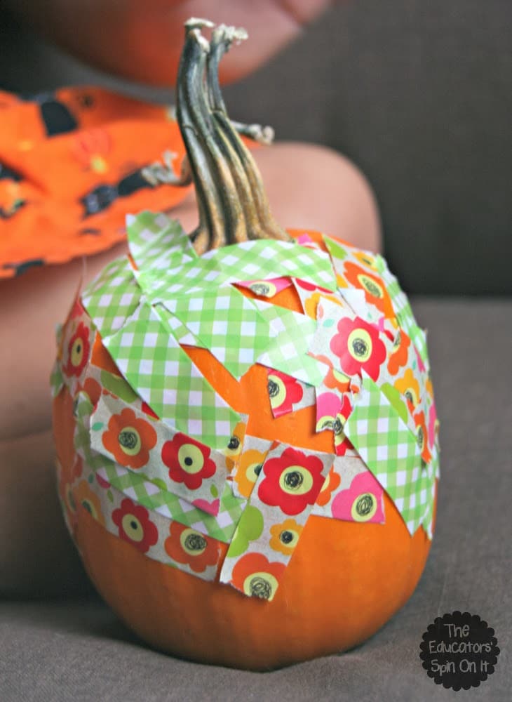 Washi Tape on Pumpkin for Toddler Decoration and Fine Motor Skills