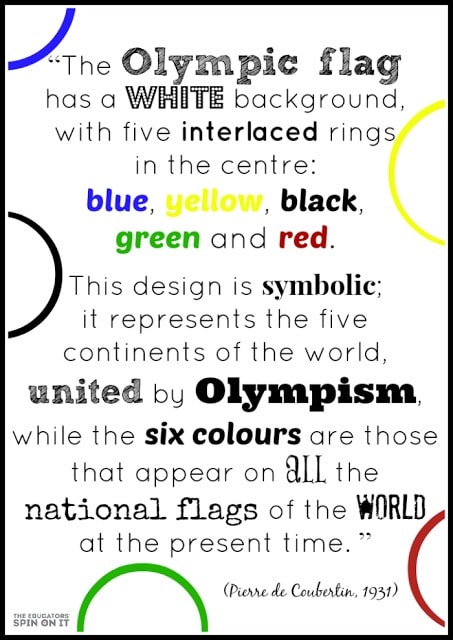 Quote about what the Olympic Ring Colors Represent by Pierre de Coubertin