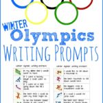 Olympic rings with images of each winter sport highlighting writing prompts for kids