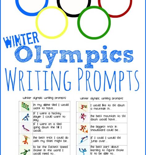 Olympic rings with images of each winter sport highlighting writing prompts for kids