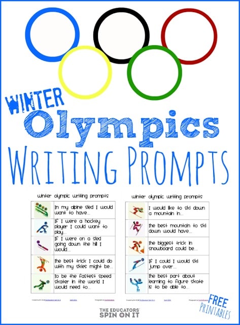 Olympic rings with images of each winter sport highlighting writing prompts for kids