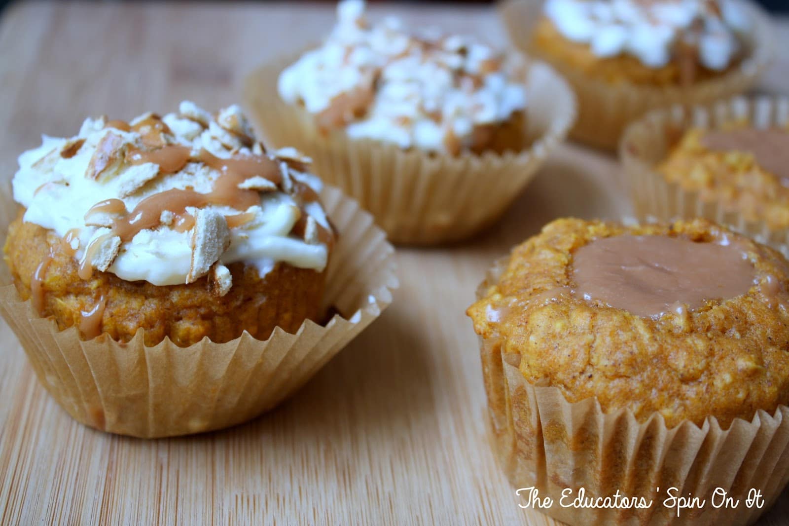 Cream cheese and pretzel topped salted caramel muffins
