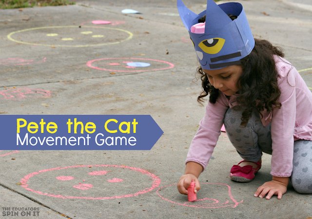 Pete the Cat Movement Game with girl using sidewalk chalk to draw buttons.