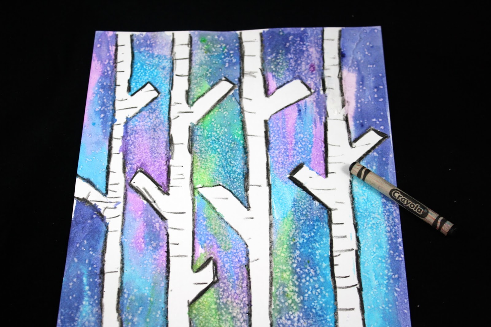 Birch tree painting crayon outline.