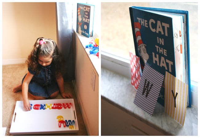 Cat in the Hat Letter Game using Plastic Letters for Preschoolers. 