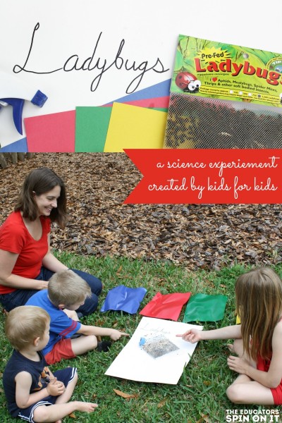 Kids creating ladybug science experiment outdoors on various colored papers