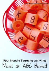 Pool Noodle Alphabet Basket. A fun pool noodle game idea for kids