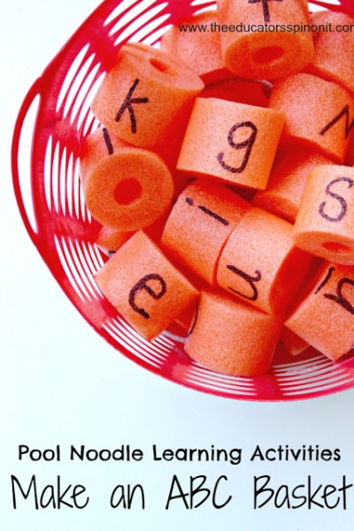 Pool Noodle Alphabet Basket. A fun pool noodle game idea for kids