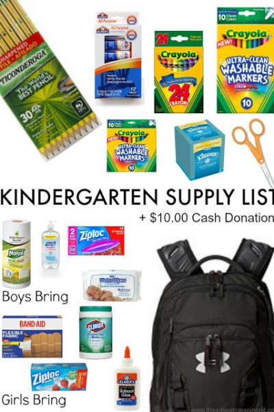 Kindergarten Supply List with items highlighted for a child's backpack