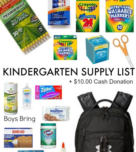 Kindergarten Supply List with items highlighted for a child's backpack