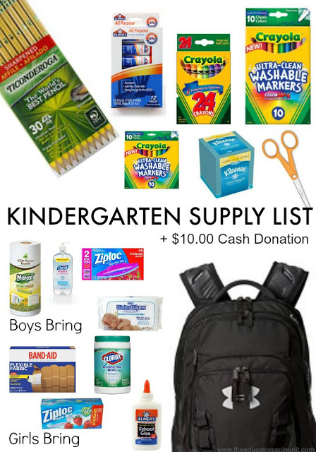 Kindergarten Supply List with items highlighted for a child's backpack