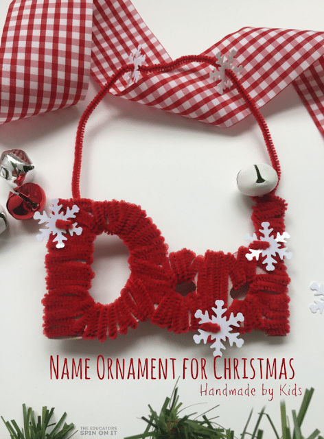 Kids can create a personalized name ornament with just recycled cardboard and pipecleaners for their Christmas Tree or Gift Tags.  Inspired by the book Santa's Book of Names by David McPhail.