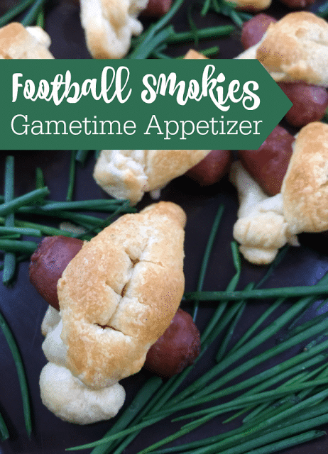 Football Shaped Appetizer using little sausages and premade dough with chives dip