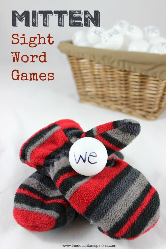 Sight word game using snowballs made from ping pong balls and mittens for kids