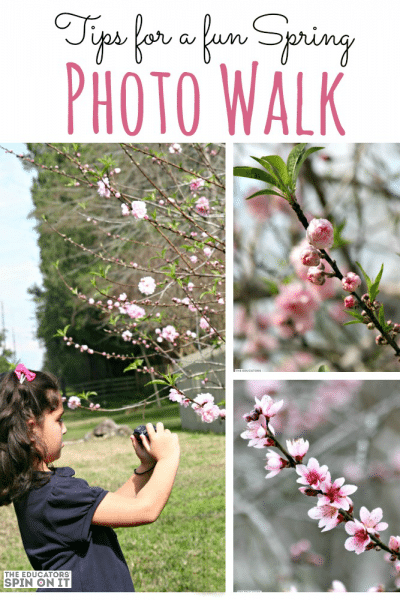 child with camera taking Spring Photos of flowers in trees