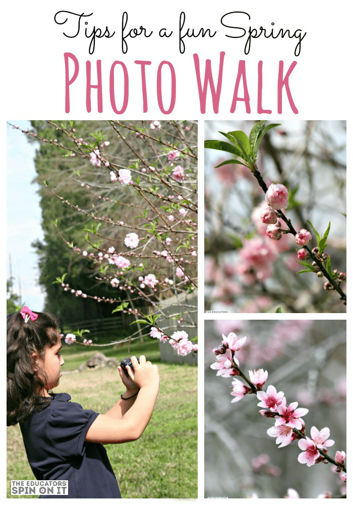 child with camera taking Spring Photos of flowers in trees