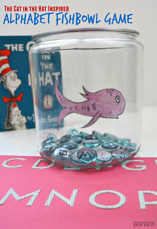 Cat in the Hat inspired Alphabet Fishbowl Game with ABC Sticker Mat