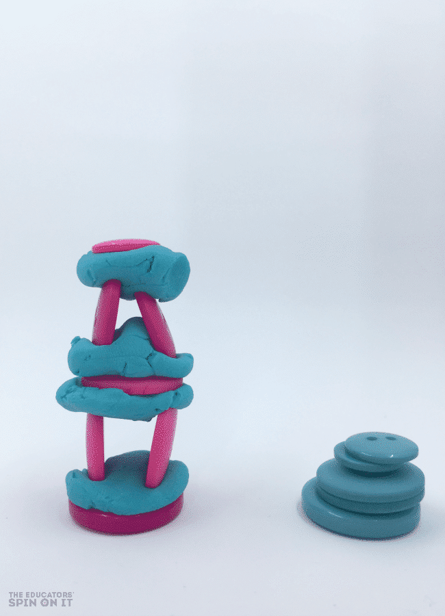 Stacking Buttons into Towers with Kids Using Playdough for a Button STEM Activity Challenge