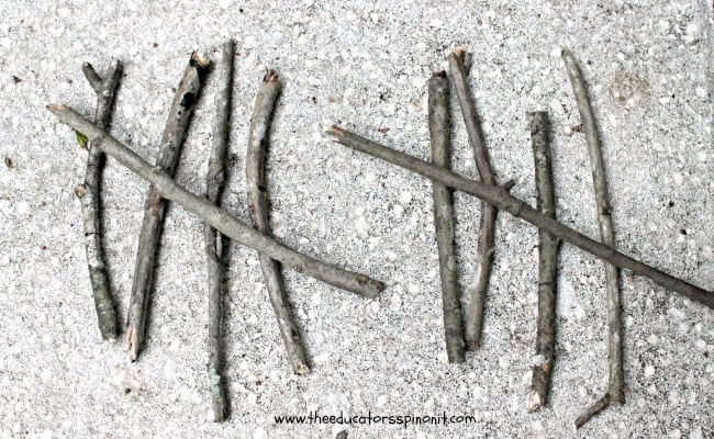 Teach tally marks with sticks, number 10 is two sets of 5 tally marks.