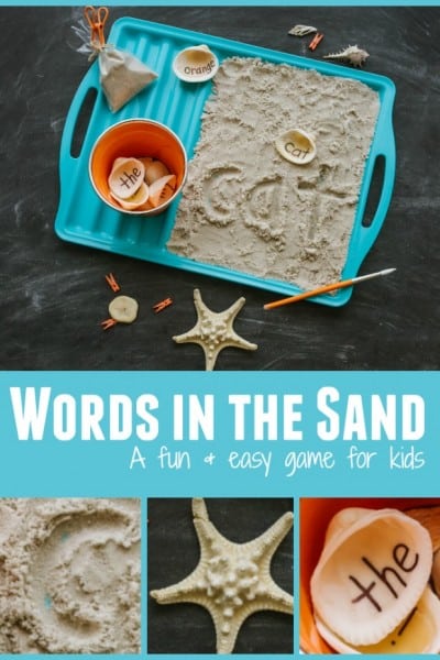 sight words written in sand by copying sight word on seashell