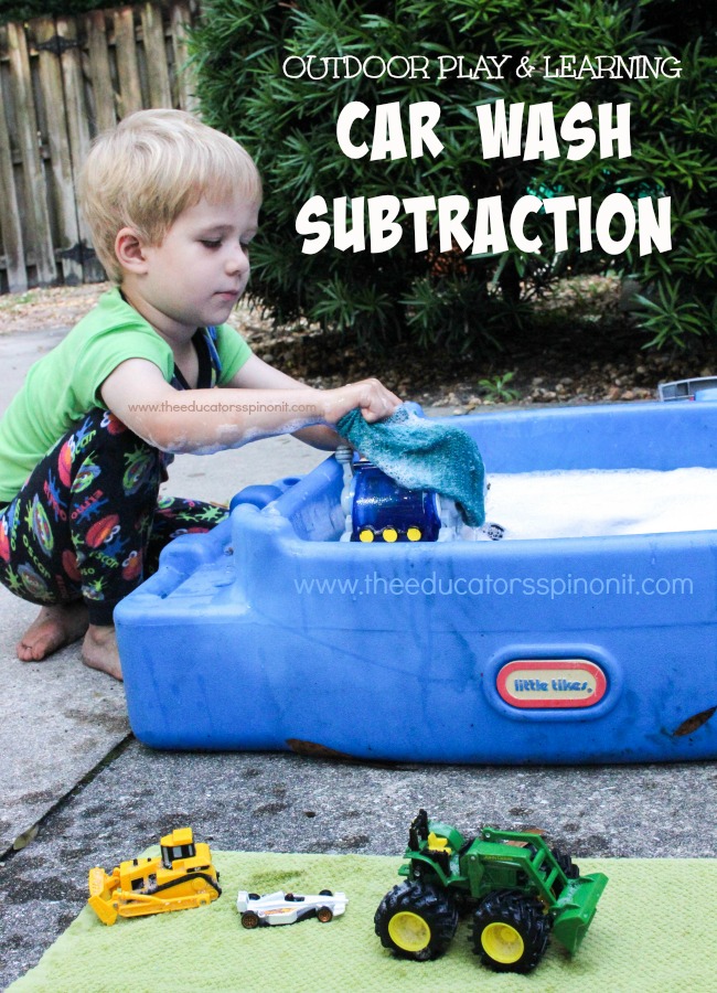 Car Wash Subtraction: Child having fun washing cars and learning math outdoors