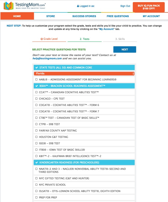 Selecting Test and Grade Level on TestingMom.com