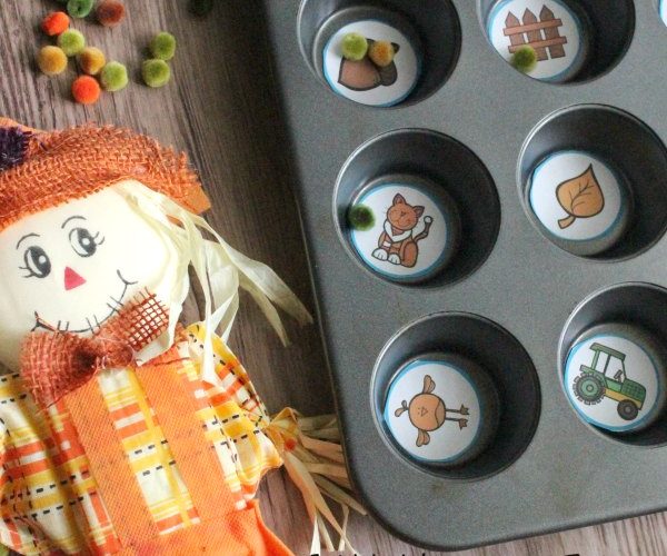 Fall Muffin Tin Syllable Counting Game for Kids to Make and Play. Learning objective: fine motor strengthening and syllable segmentation.