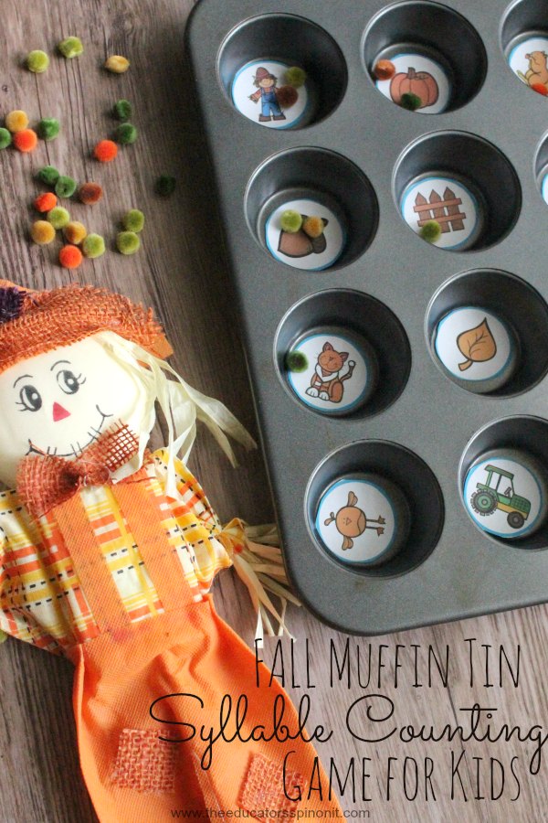 Fall Muffin Tin Syllable Counting Game for Kids to Make and Play. Learning objective: fine motor strengthening and syllable segmentation.