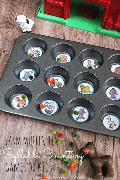 Farm Muffin Tin Syllable Counting Game for kids to make and play. Learning Objective, strengthening fine motor, syllable segmentation, and vocabulary development.