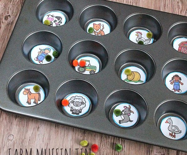 Farm Muffin Tin Syllable Counting Game for kids to make and play. Learning Objective, strengthening fine motor, syllable segmentation, and vocabulary development.