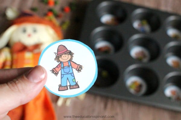 Fall Muffin Tin Counting Syllable Game, Scarecrow game piece