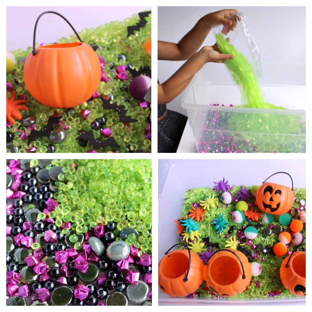 Halloween Themed Sensory Bin for Kids with Green Black and Purple 